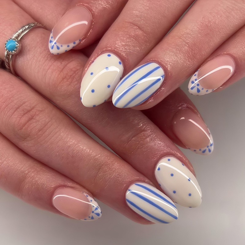 48pcs Press On Nails Polka Dot Stripe Minimalist Reusable Adhesive Fake Nails