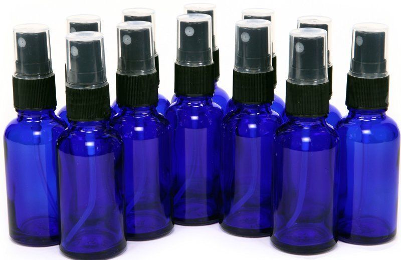 12 New, High Quality, 1 oz Cobalt Blue Glass Bottles, with Black Fine Mist Spray