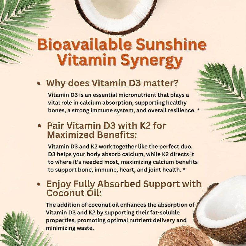 Vitamin D3 10000 iu Plus K2 (MK-7) 200 mcg, 300 Virgin Coconut Oil Softgels NEW gallery