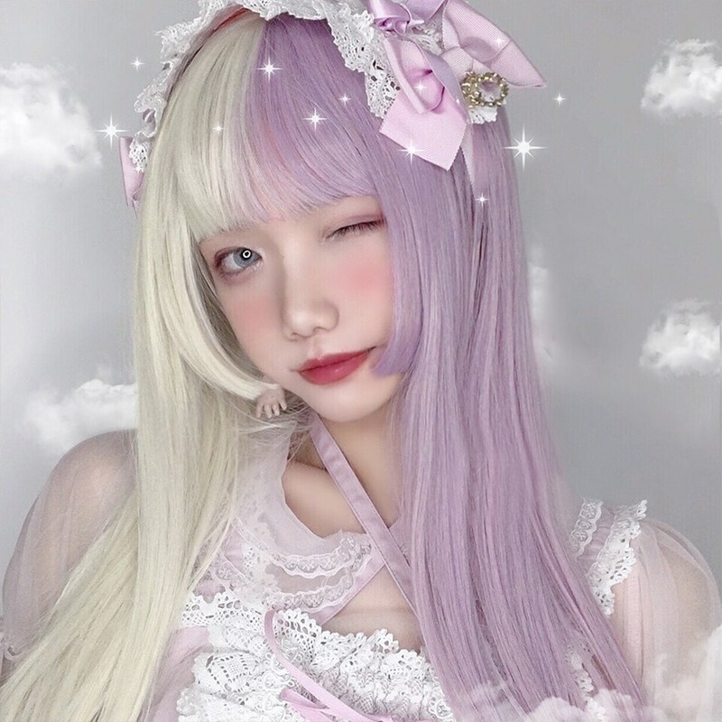 Long Wavy Ombre Black White Pink Heat Resistant Synthetic Lolita Wigs Halloween gallery