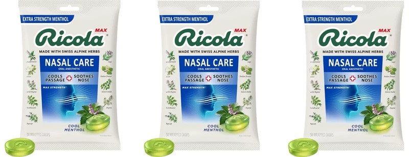 Ricola Max Nasal Care Cool Menthol 34 Wrapped Drops *Three Pack*