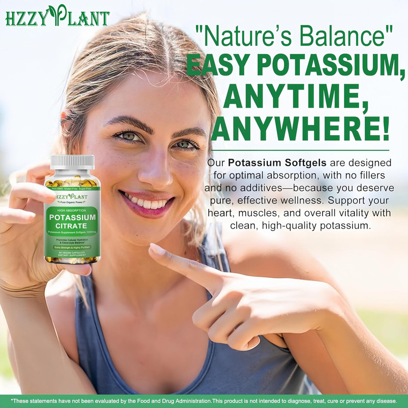 Potassium Supplement Softgels, High Absorption Potassium Citrate 1000Mg for Musc gallery