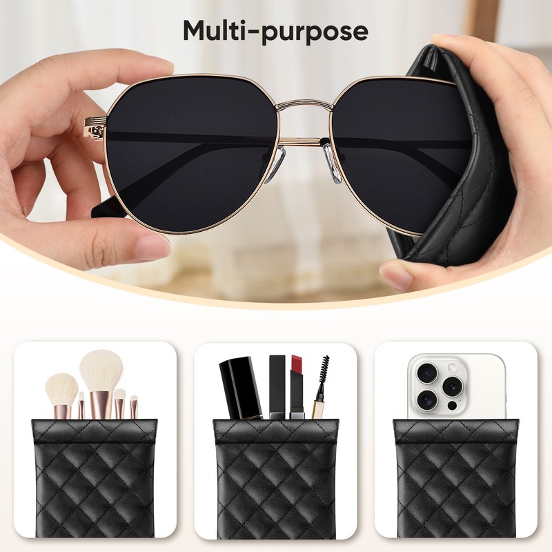 Eyeglasses Pouch with Cleaning Cloth, Portable Squeeze Top Vegan Leather Case gallery