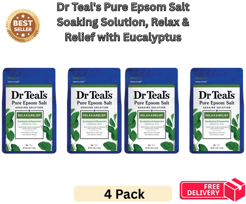 Dr Teal’s Pure Epsom Salt Soaking Solution, Relax & Relief with Eucalyptus 4Pack