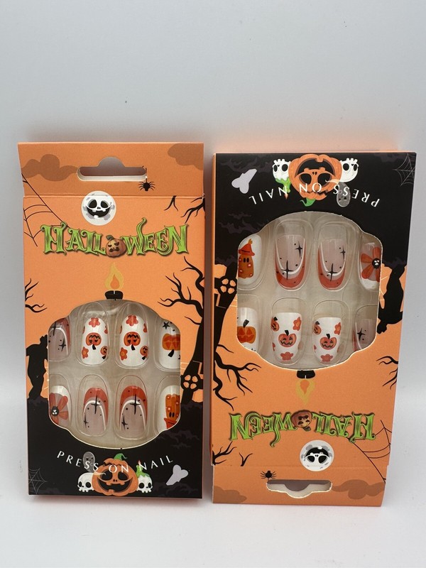 2 Pack 48PC Halloween Lot Oval Press On Nails Pumpkins French Manicure Ghost Med