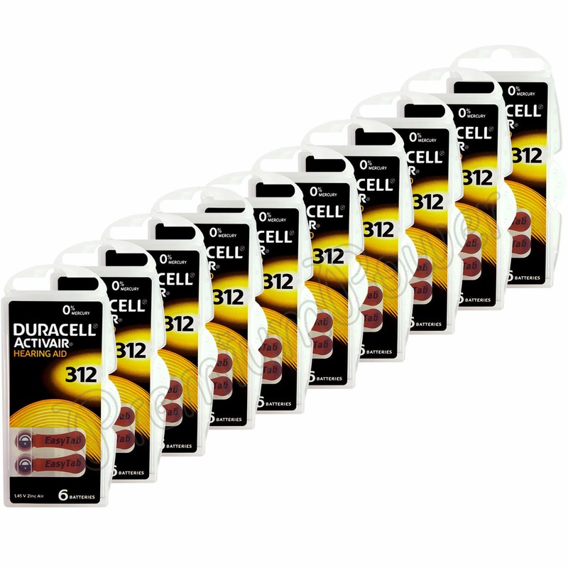 60 x Duracell Activair 312 Size Hearing aid batteries Zinc air 10 Packs of 6