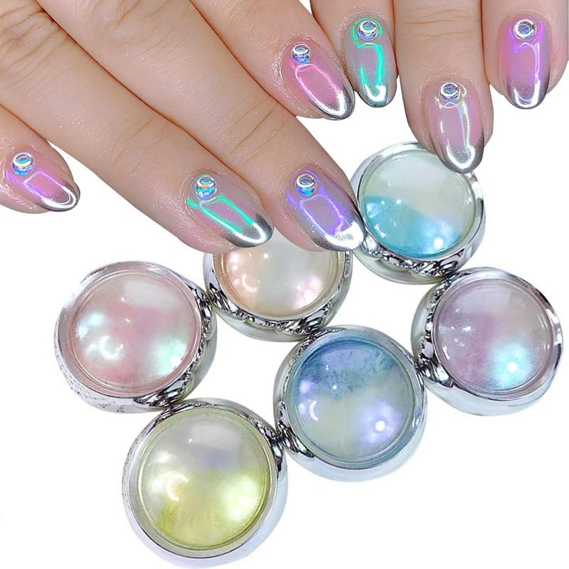 6 Jars Mermaid Chrome Nail Art Powder Aurora Mirror Holographic Manicure Glitter