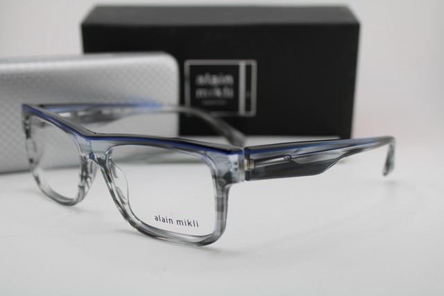 NEW ALAIN MIKLI A03047 001 CLEAR GREY BLUE HORN AUTHENTIC EYEGLASSES 54-16