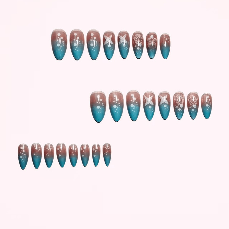 48Pcs Medium Almond Nails, Pink Blue Gradient, Turtle Starfish Pattern gallery
