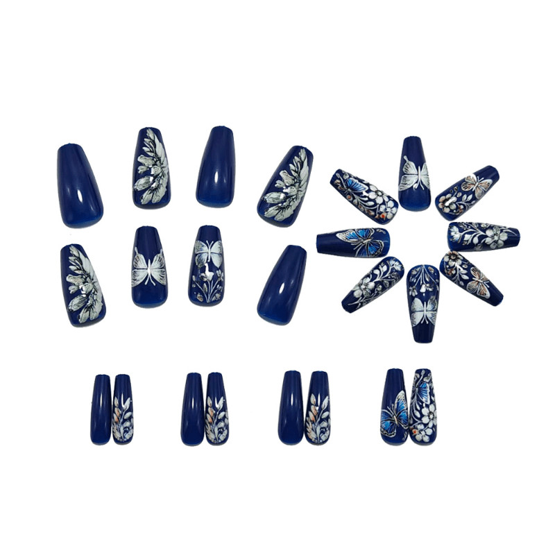 48Pcs-Metallic Blue Black Silver Butterfly Floral Long Glossy Coffin Nails Set gallery