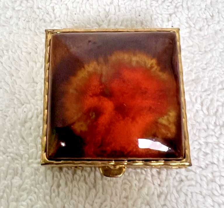 Vintage Pill Box Orange Yellow Enamel Top Design Patterned Gold Tone Square