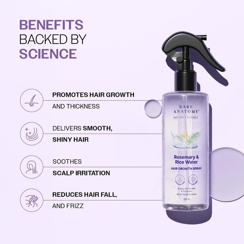 Bare Anatomy Rosemary Water Spray 200 ml - Hair Growth, Thickness and Rice Water gallery