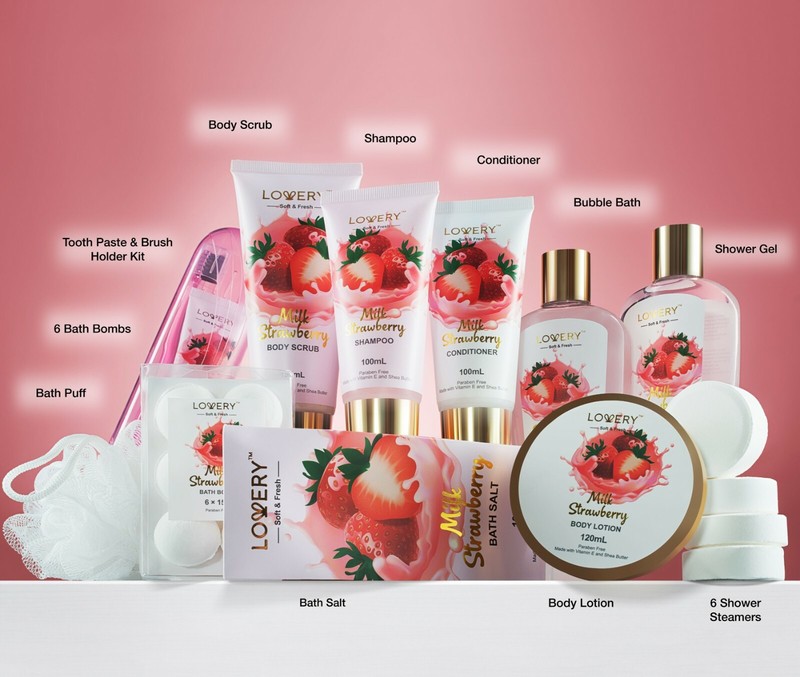 Home Spa Kit Gift Set – Strawberry Milk Scented Luxury Bath Set - 25 pcs gallery