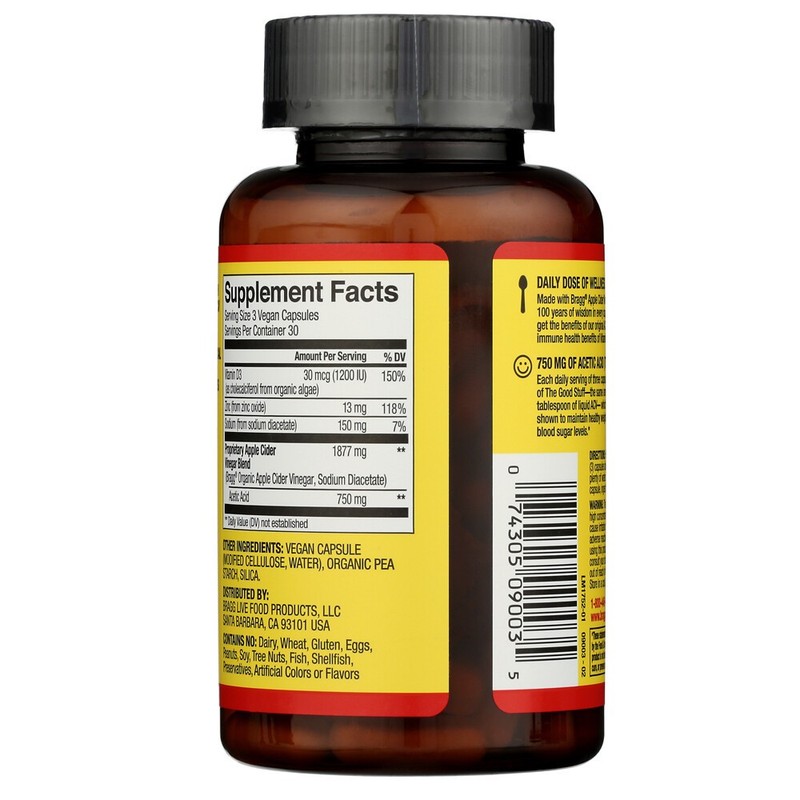 Bragg Apple Cider Vinegar Vitamin D3 Zinc Immune Weight Management 90 Capsules gallery