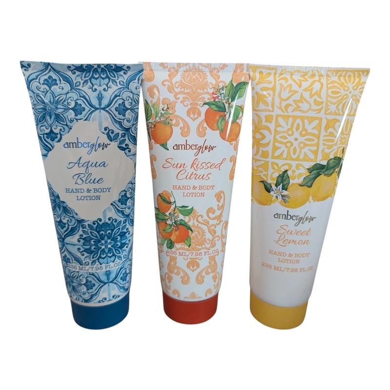 Amber Glow Hand Body Lotion: Sweet Lemon, Aqua Blue & Citrus Set Of 3 New
