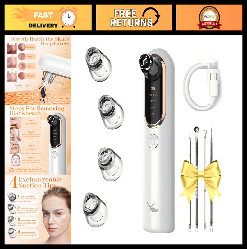 Blackhead Remover Vacuum Pore Extractor Tool with USB Charge, 4 Modes & 5 Heads