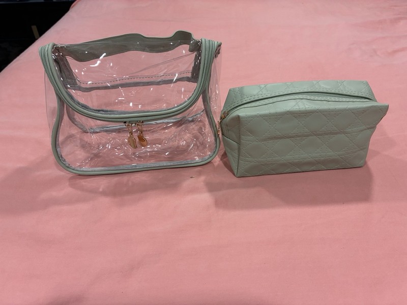 2-Piece Clear PVC Waterproof Makeup Bag Set, Zipper Pouches, Green 9x4in