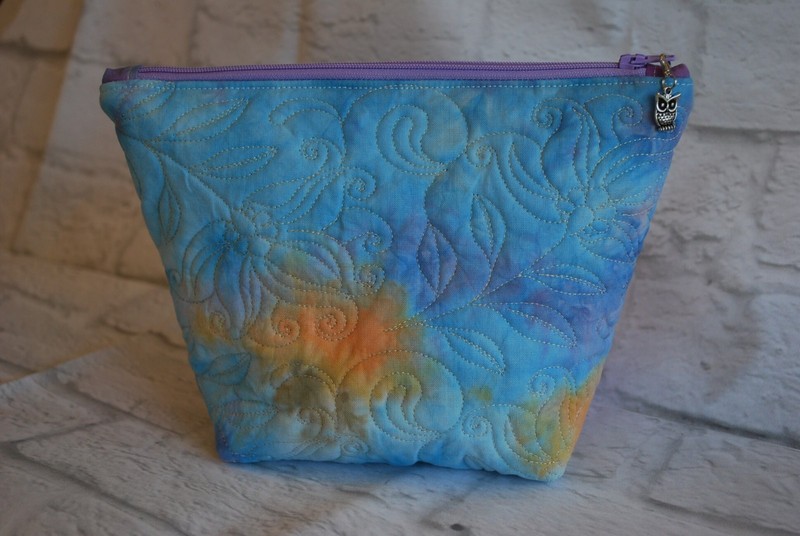 Hand Dyed Quilted Cosmetic Bag, Blue, Pink, Purple, Flowers gallery