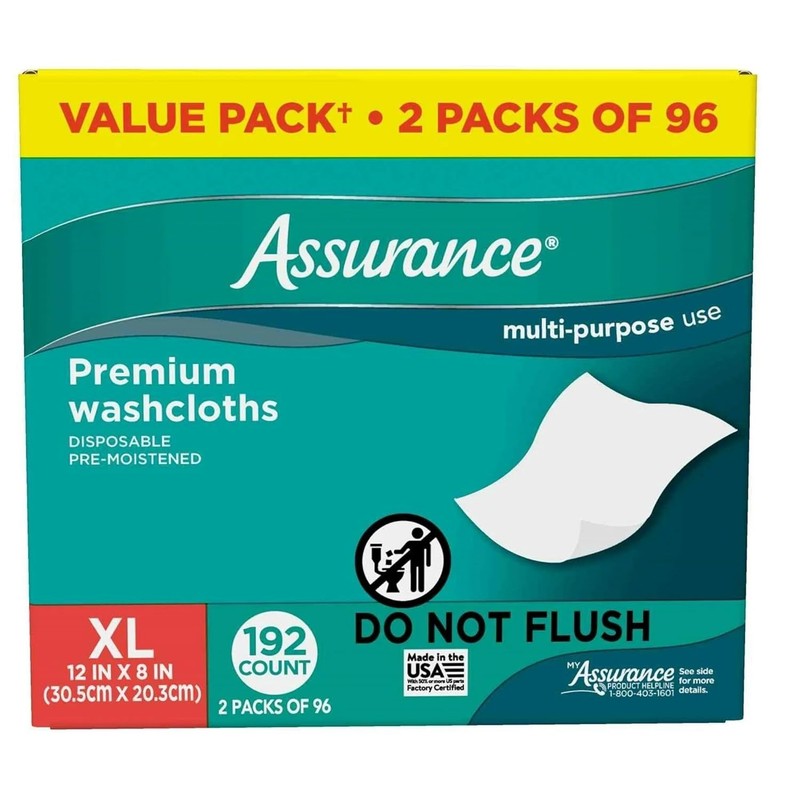 Assurance Premium XL Adult Washcloths 192 Ct No Rinse Bath Wipes Sensitive