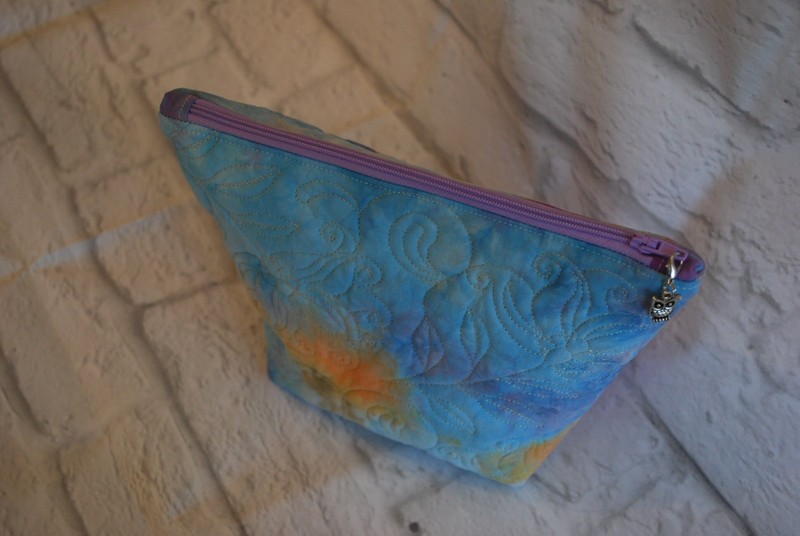 Hand Dyed Quilted Cosmetic Bag, Blue, Pink, Purple, Flowers gallery