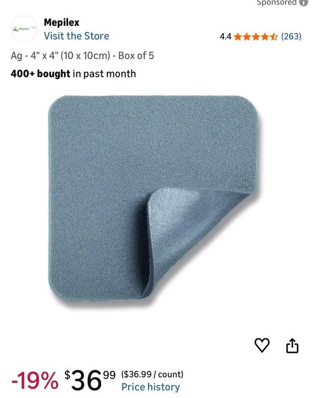 Mepilex Ag Silver Foam Wound Dressing Gray 4×4 in (10×10 cm) Box of 5