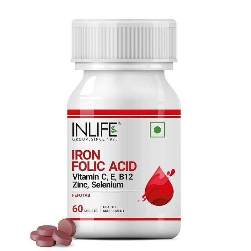 INLIFE Chelated Iron Folic Acid with Vit C & B12 & Zinc & Selenium – 60 Veg Tabs