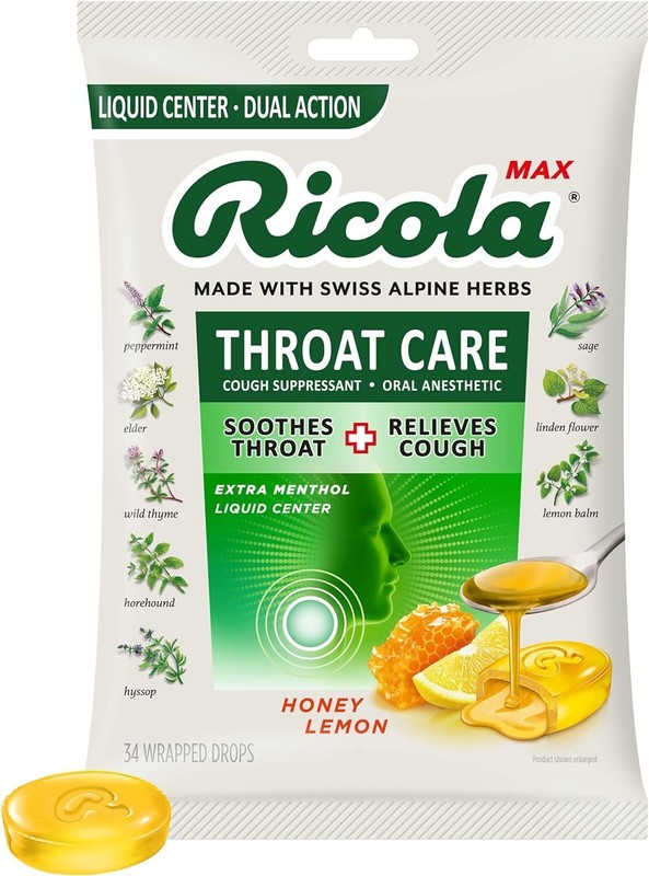 Throat Care Honey Lemon Cough Drops, Liquid Center, Dual Action, 34Count