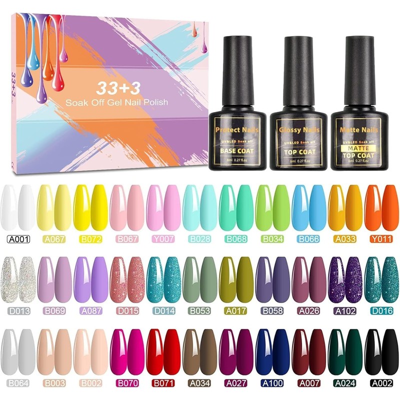 Gel Nail Polish Set, 36 Pcs Gel Polish Soak Off Gel Nail Kit with Glossy and ... gallery