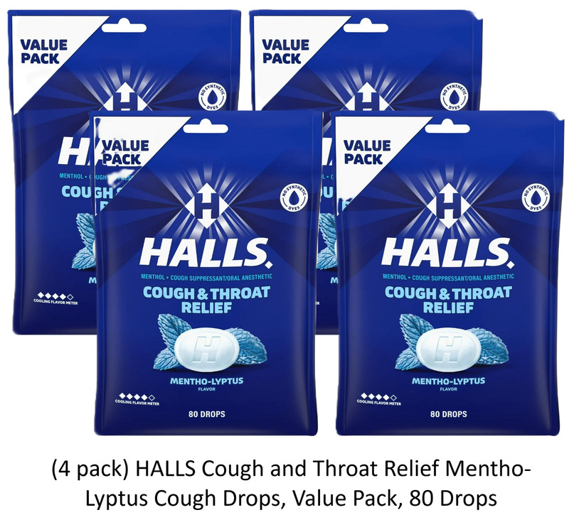 4 PACK HALLS Relief Mentho-Lyptus Cough Drops, Economy Pack, 80 Count
