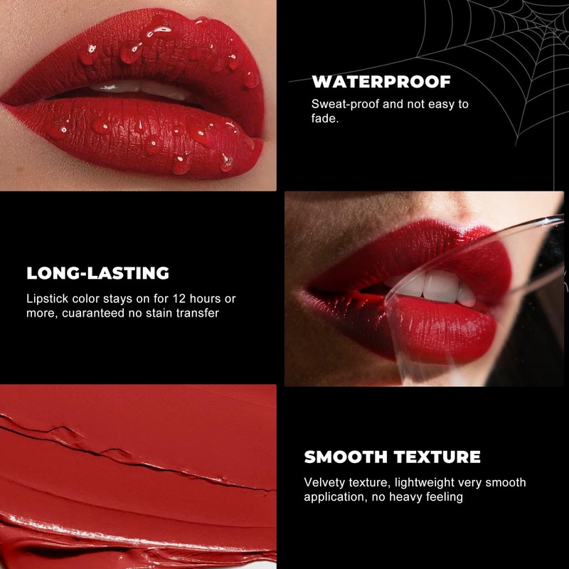 Halloween Black White Red Lipstick Set Waterproof Matte Black Lipsticks for L... gallery