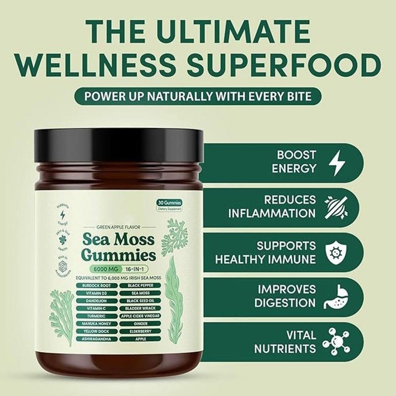 16 in 1 Organic Sea Moss Gummy | Irishmoss Extract 6000Mg | Green Apple Flavor gallery
