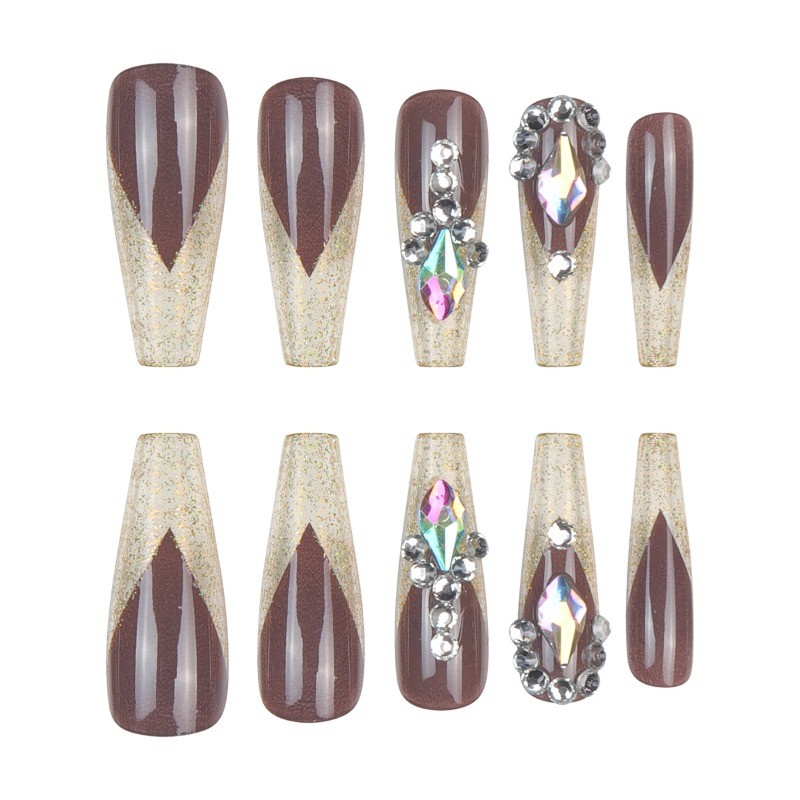 48Pcs-Brown Gold Glitter V-tip Teardrop Crystal Long Stiletto Press on Nails gallery