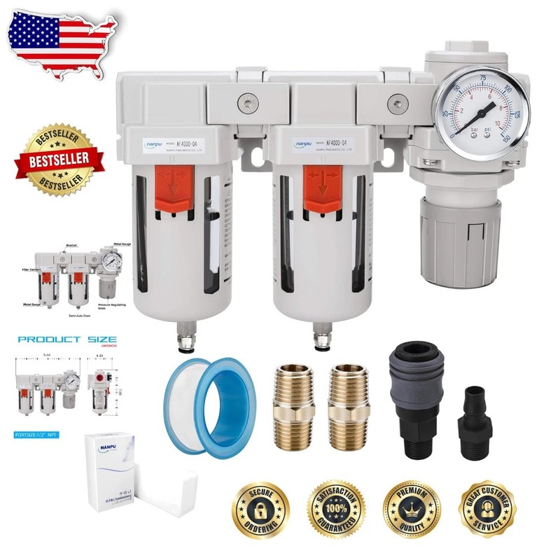 Heavy Duty 1/2″ NPT Air Combo: Dual Brass Filters, Regulator, Semi-Auto Drain