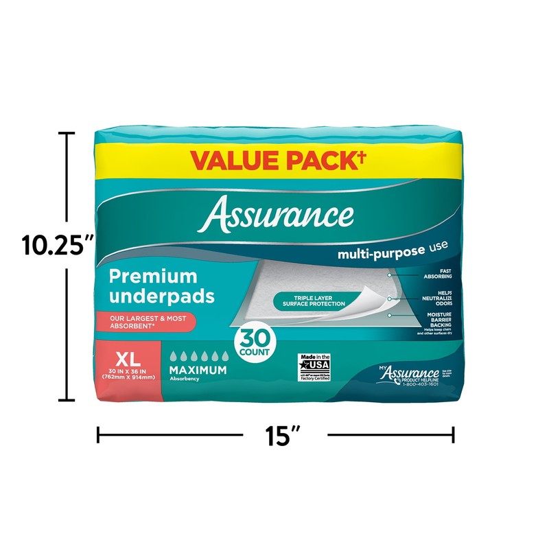 Assurance Unisex Premium Quilted Underpad, Maximum Absorbency, XL (30 Count) gallery
