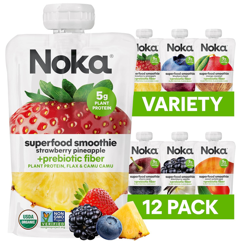 Superfood Fruit Smoothie Pouches Variety Pack, Healthy Snacks with Flax Seed, Pl
