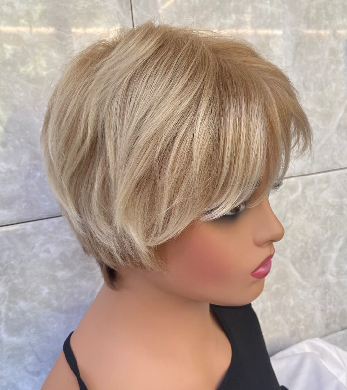 Short Layered Rooted Blonde Brown Mix Synthetic Hair Wigs Women Soft Natural