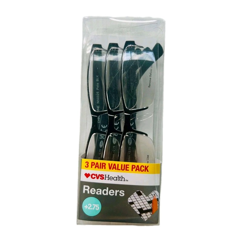 CVS Health Readers Pete Rectangle Reading Glasses +2.75 Black 3-Pair Value Pack