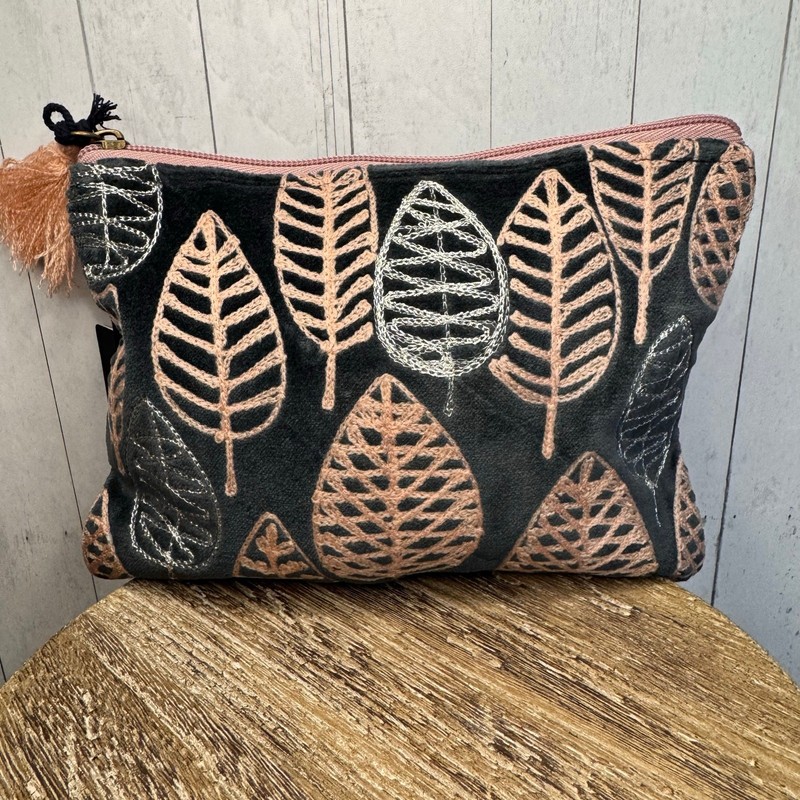 Pink Gray Velvet Pouch Leaves Large Makeup Bag 8 x 6 inches NEW FAST SHIP
