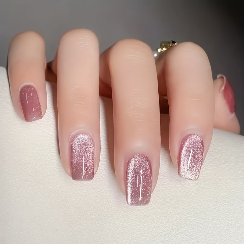 48Pcs-Mauve Shimmer Cat Eye Press on Nails Glossy Short Square Nail Art Set