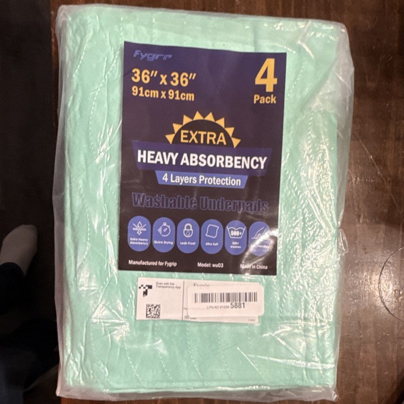 Fygrip Extra Heavy Absorbency Washable Leak Proof Underpads 36x36in 4 Pack