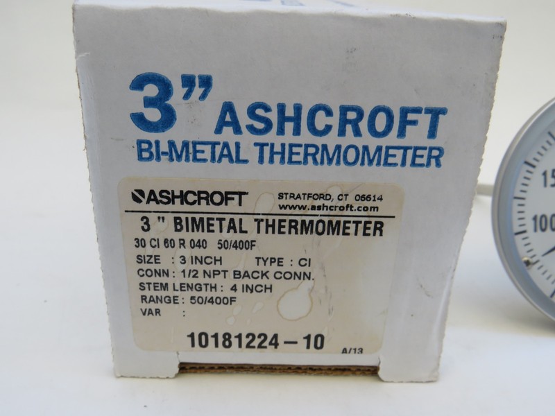 Ashcroft Bi-Metal thermometer 3 Inch 50 - 400F 1/2 NPT Back Connect gallery
