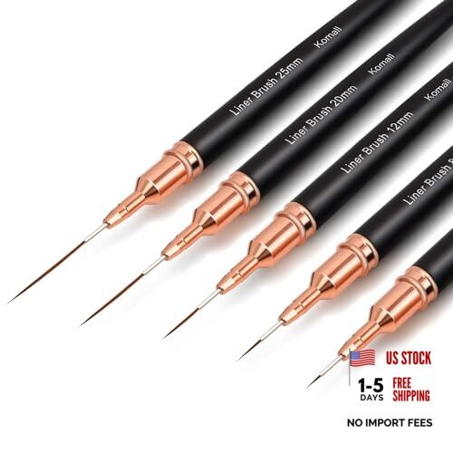 Komall Metallic Nail Art Brushes, 5Pcs Liner Brush Set, UV Gel Polish Black