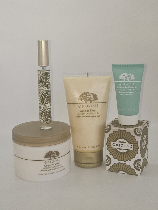 SET Origins GINGER SOUFFLE Whip Body Cream 6.7oz Candle Bubble Bath Spray Scent