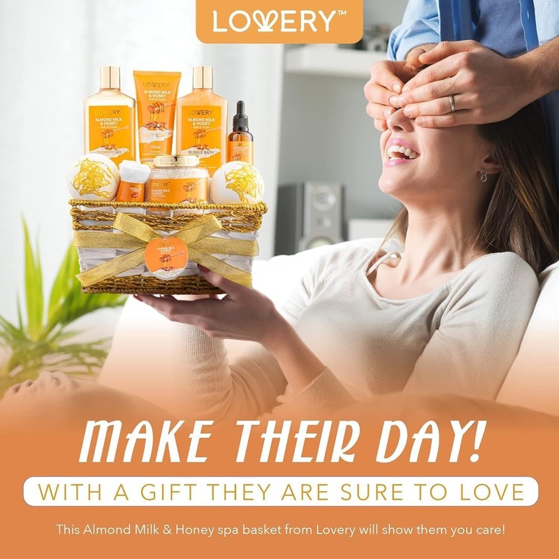 Lovery 10 Pc Almond Milk Honey Gift Basket Bath Body Spa Set Women Self Care NEW gallery