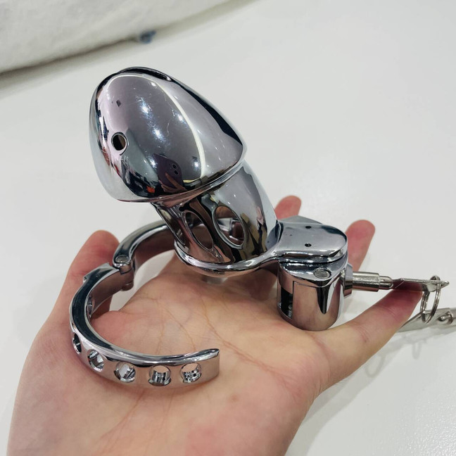 New Metal Chastity Cage Lockable Device Press Lock Penis Cage for Male Restraint gallery