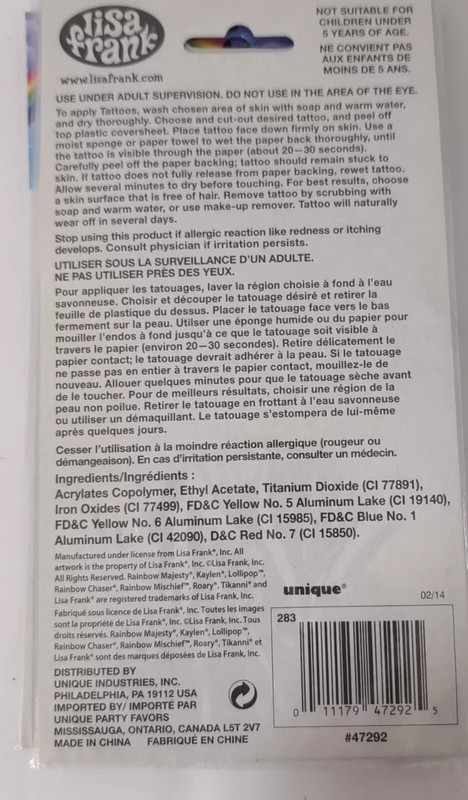 lisa frank temporary tattoos Sheet 12 Piece, Year 2014 gallery