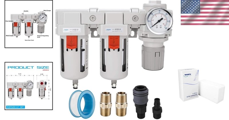 Heavy Duty 1/2" NPT Air Combo: Dual Brass Filters, Regulator, Semi-Auto Drain gallery