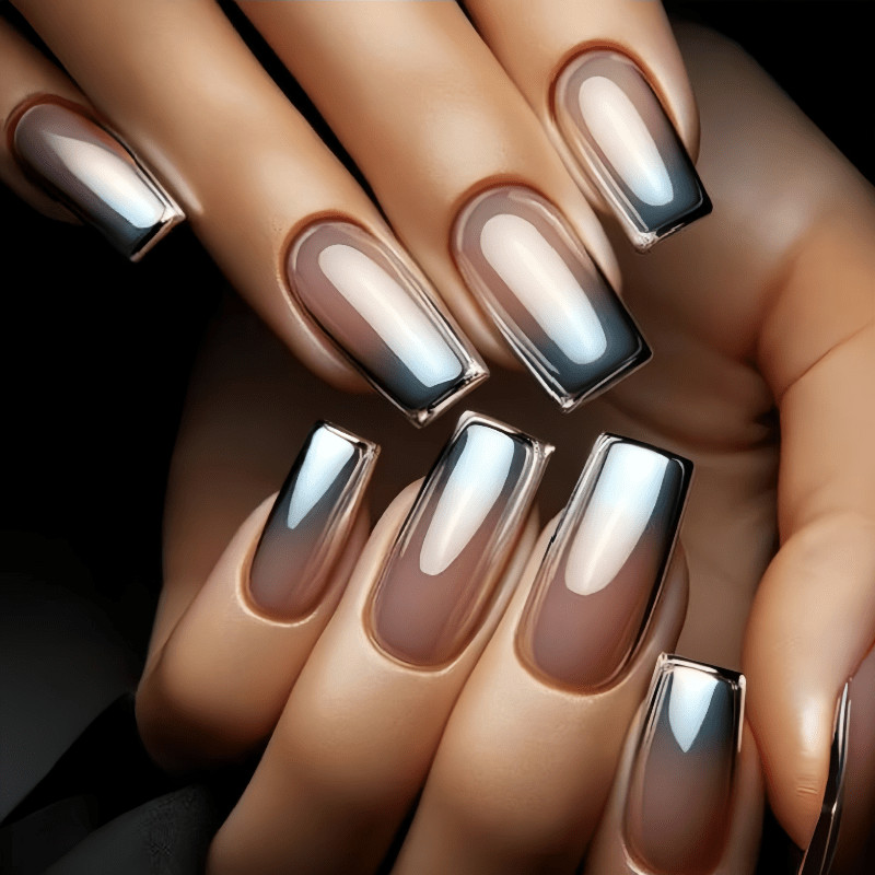 48pcs Long Coffin Nude Silver Chrome Metallic Gradient Glossy Press on Nails gallery