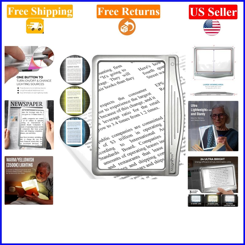 3X LED Page Magnifier for Reading, 6×8 inches, Silver, Eye Care, Senior