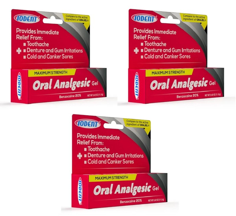 IODENT ORAL ANALGESTIC GEL BENZOCAINE 20% MAXIMUM STRENGTH 0.42 OZ ORAJEL 3X
